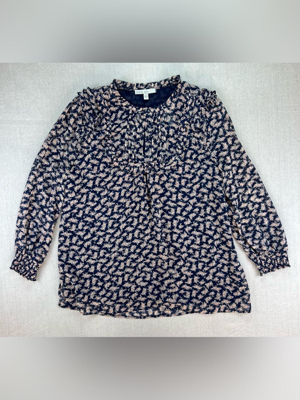 Women's Navy White Floral Long Sleeve Blouse Indie Ruffled Flowy High Neck -  S